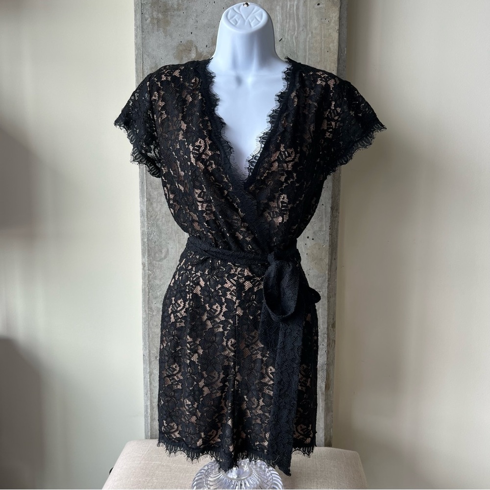 Diane von Furstenberg - Black Purdette Lace Wrap Romper